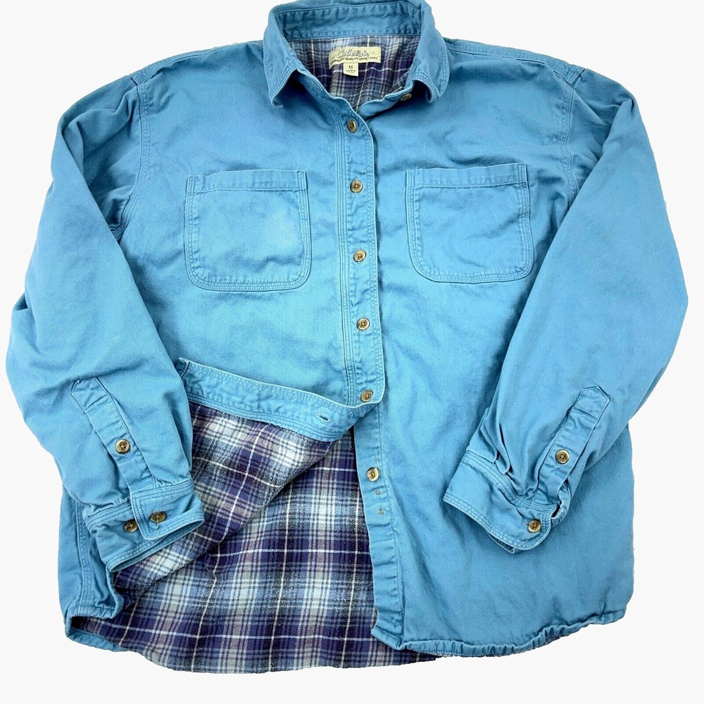 Cabelas Shacket Women Medium Blue Twill Flannel Shirt‎ Jacket Camp Work Pockets